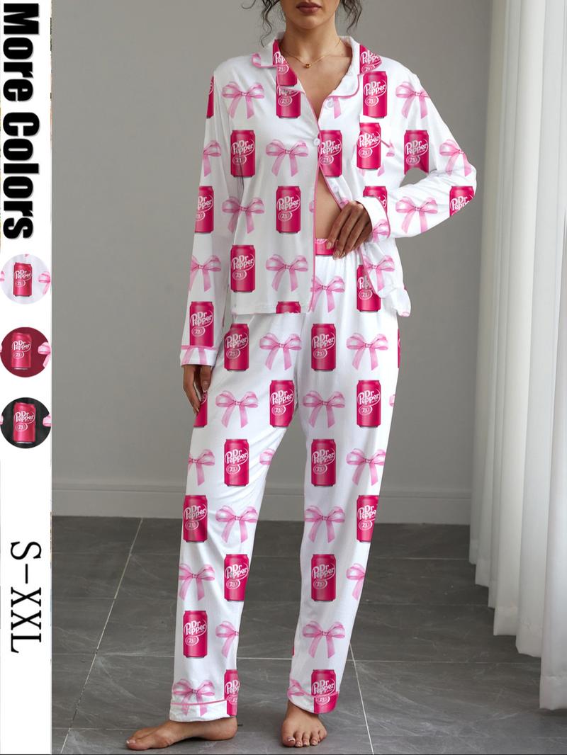 Dr Pepper,Women's Fall Winter Home Set, Soda Pattern Printed Sleepwear, Shirt Collar Button Long Sleeve Top and Loose Elastic Pants, Pajama Set