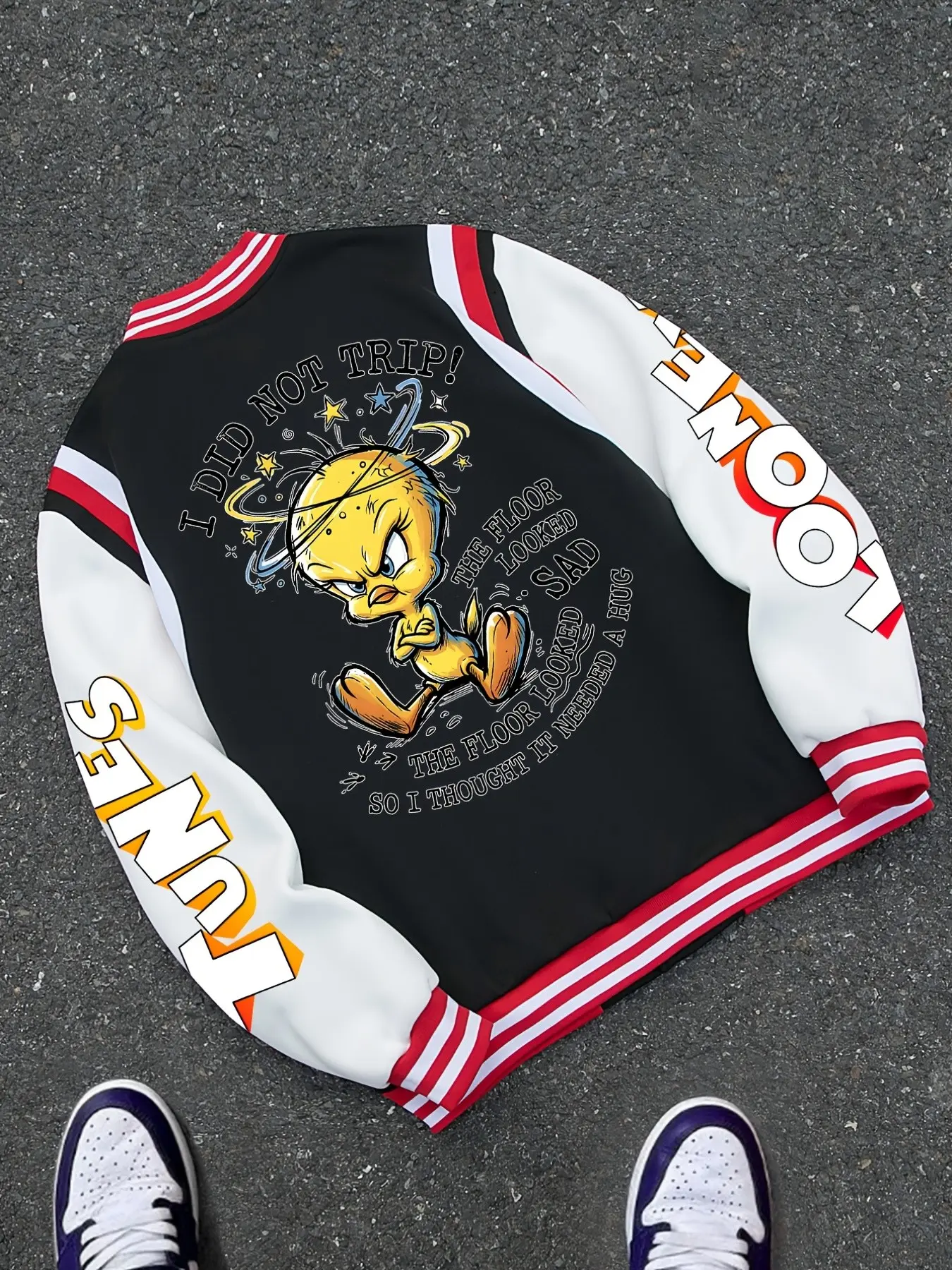 Wb Warner Bros. Tweety Bird Graphic Oversize Varsity Jacket, Unisex Looney Tunes Cartoon Print, Casual Streetwear, Button Up Bomber Outerwear