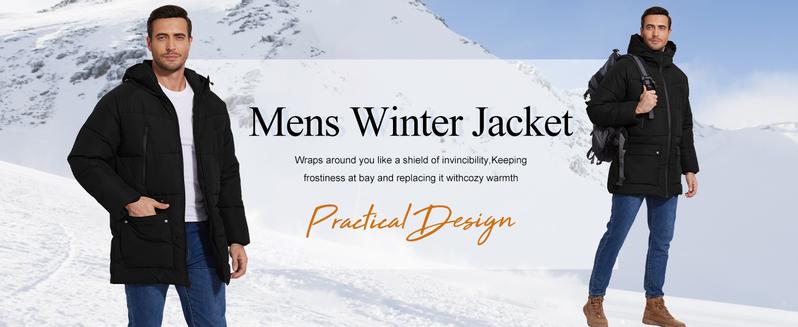 Mens Winter Coats Water-Repellent Windproof Thicken Parkas Long Hooded Padded Puffer Jacket with Pockets
