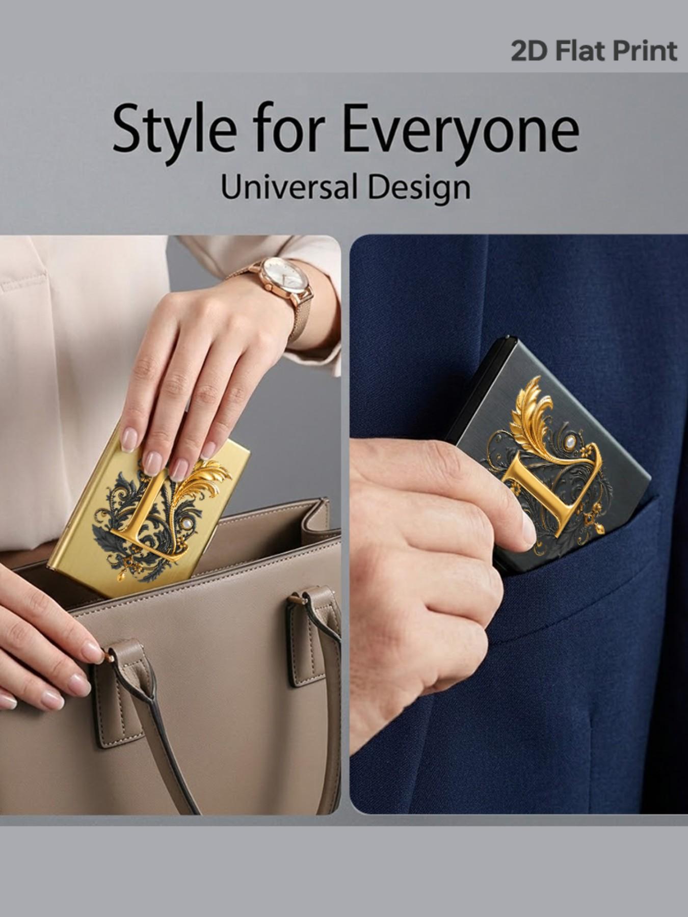 Luxury Gold Baroque Letter L Print Rfid Metal Card Holder, Card Slot, Multi-Layer Stainless Steel, Ultra-Thin Magnetic Closure, Perfect Gift