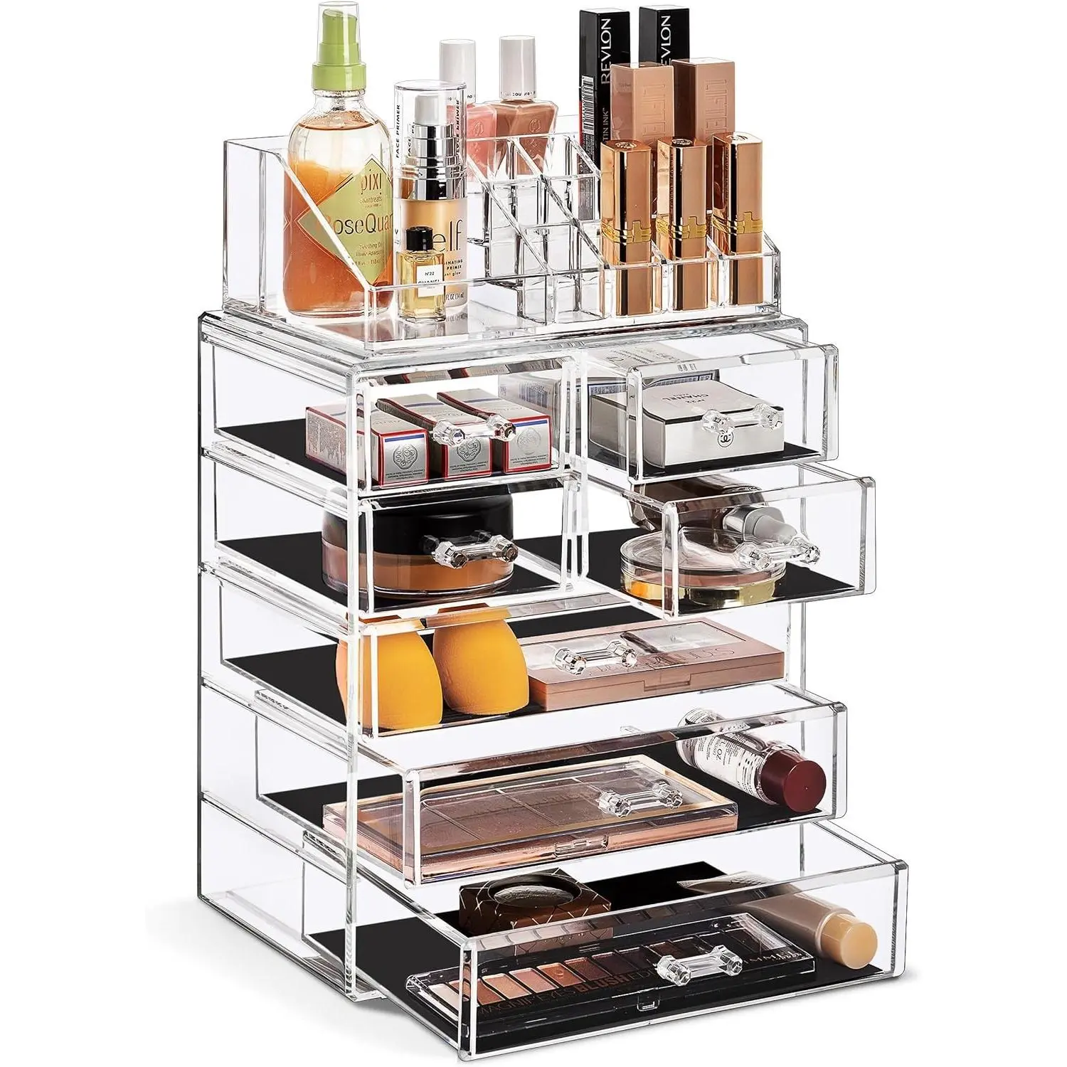 Acrylic Makeup Organizer Set, 7-Drawer Vanity & Countertop Cosmetic Storage with Small & Wide Compartments, CLear Makeup Storage for Brushes, Jewelry – Holiday Gift for Women & Teens