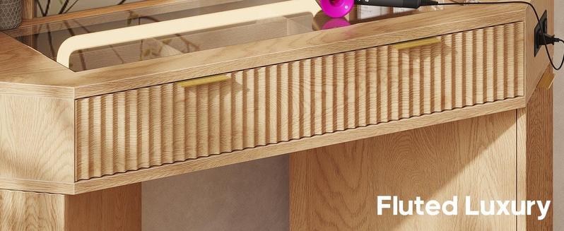 Sikaic Makeup Vanity with Sound Sync LED Lights and Glass Top Luxury Fluted Wooden Corner Vanity Desk with Mirror, Power Outlet, Shelves, Drawers and Cabinets