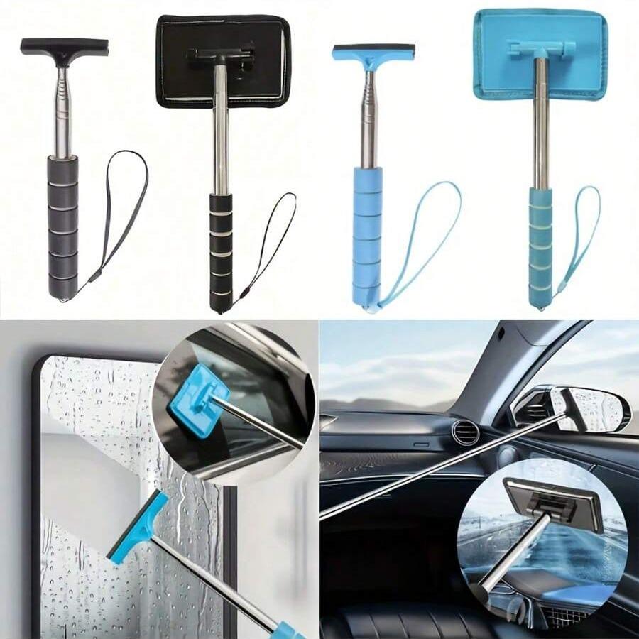 2 Counts Windshield Cleaner Tools, Car Cleaning Kit, Car Squeegee for Windshield with Extendable Handle & Reusable Microfiber Pad, Side Mirror Squeegee, Rear View Mirror Accessories for Rainy and Foggy Weather, Car Detailing Accessories