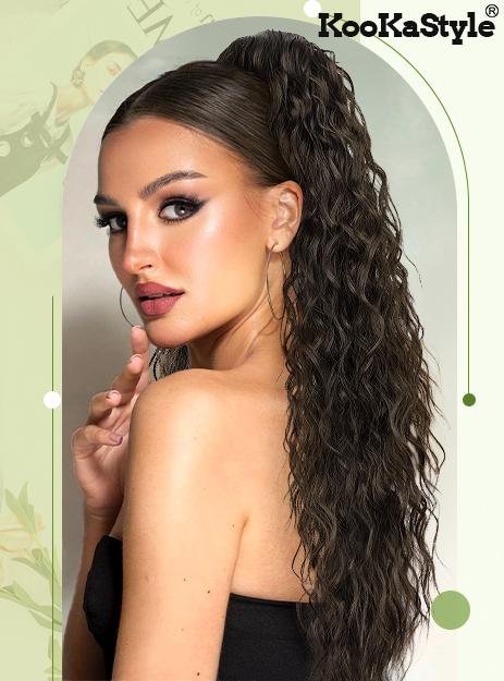 [ Kookastyle ] Ponytail Extension 30 Inch Drawstring Pony Tails Hair Extensions for Women Long Curly Brunette Brown Ponytail Synthetic Hairpieces for Daily Use