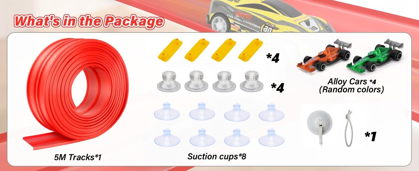 Hotfree Flex Tracks 15Ft for Kids, STEM Flexible Race Car Ramp Track with 4 Small Racecars 12 Suction Cups and 1 Hook, Compatible with Hot Wheels and Diecast 1/64 Cars, Rolls Up Portable Racetrack for Ages 3+, Easter Toy Birthday Christmas Gifts for Kids