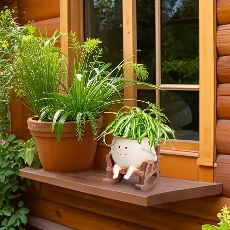 Cute Cartoon Design Resin Flower Vase, Chair Shape Decorative Planter with Drainage Hole, Home Office Desk Plant Holder, Home Decor Pots, Modern Home Decoration
