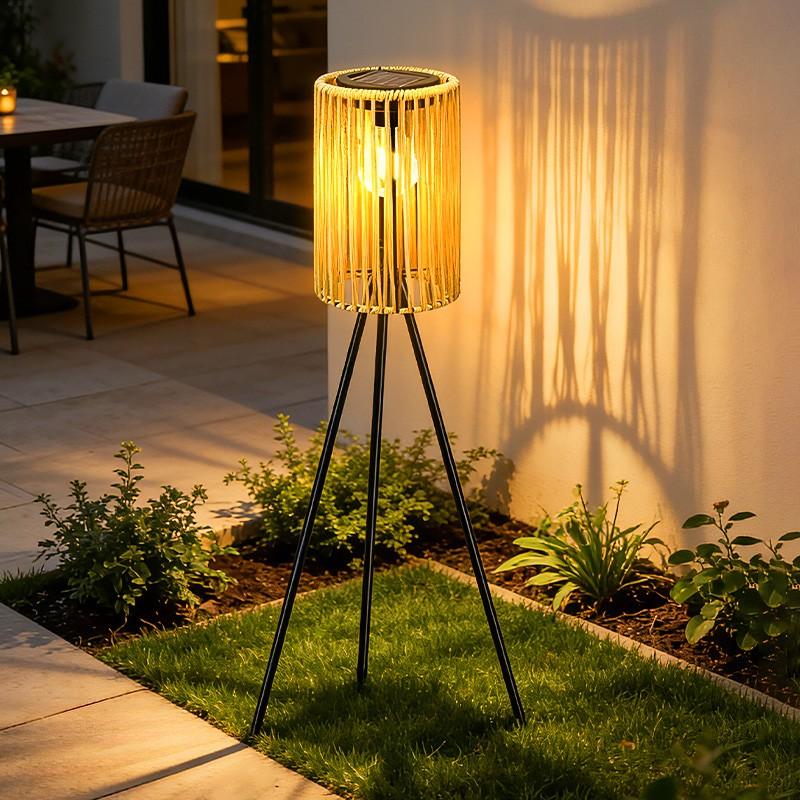 Solar-Powered Outdoor Floor Lamp Handcrafted Wicker Lantern Wrought Iron Tripod Lantern Housewarming Gift Rustic Indoor/Outdoor Decorative Lamp, These Woven Lamps Provide Decorative Lighting for Gardens, Yards, Patios, And Pathways.