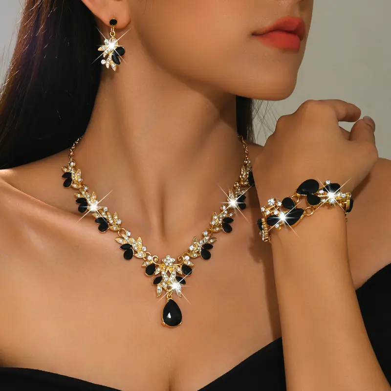 Eco-Friendly Fashion Jewelry Set - Shimmering, Stylish Flowers Crystal Water Drop Bridal Necklace, Earrings & Bracelet, Flowers Jewelry Sets, Shimmering Jewelry Sets