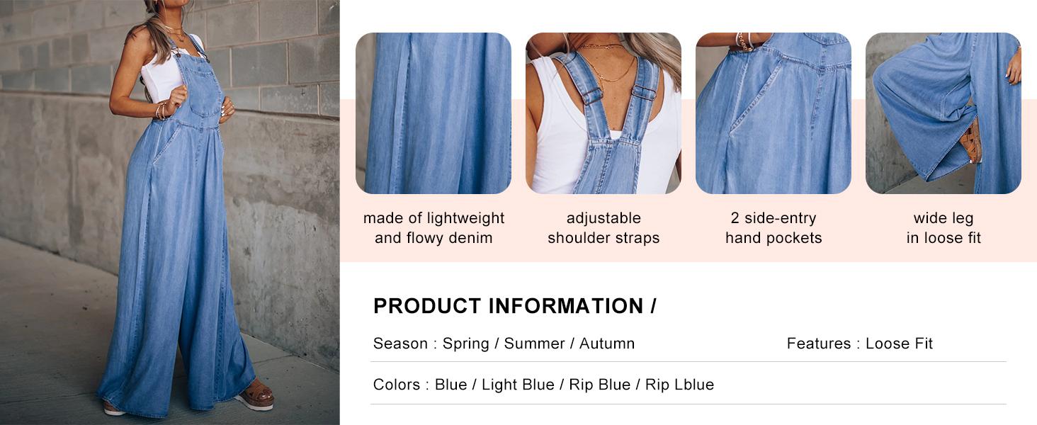 Chouyatou Women's Loose Adjustable Strap Wide Leg Denim Bib Overall Jeans Pants SpringStatements