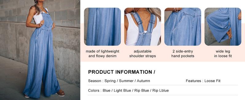 Chouyatou Women's Loose Adjustable Strap Wide Leg Denim Bib Overall Jeans Pants
