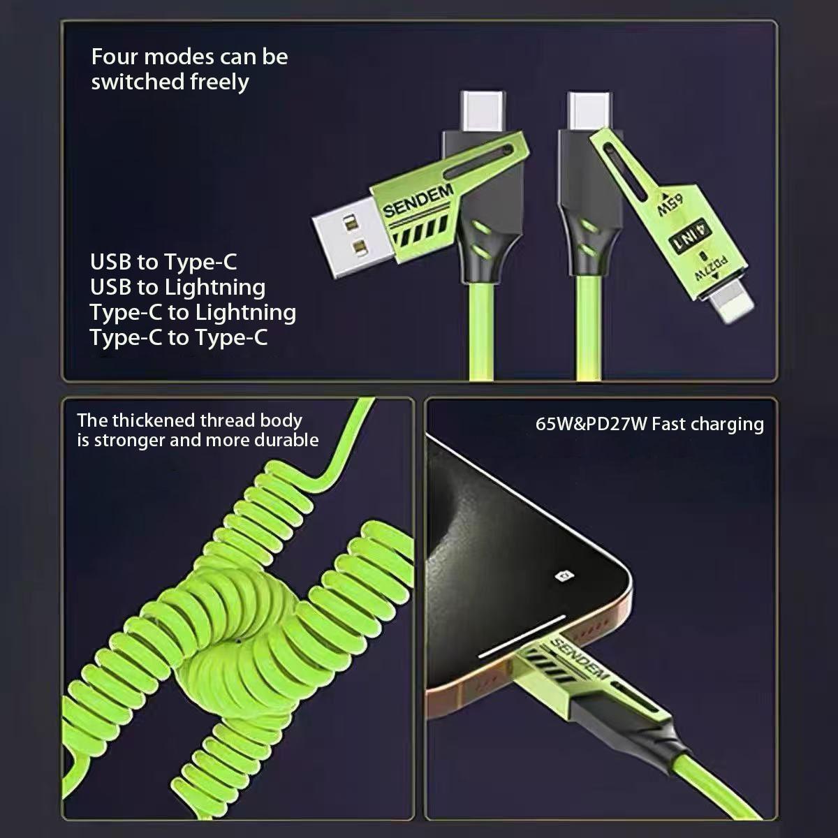 New 65w Multi-Function Retractable USB-C Cable, PD Fast Charging, Multiple Interface Compatibility, 4-In-1 Data Line Retractable Cable Design for iPhone 15 14 13 12