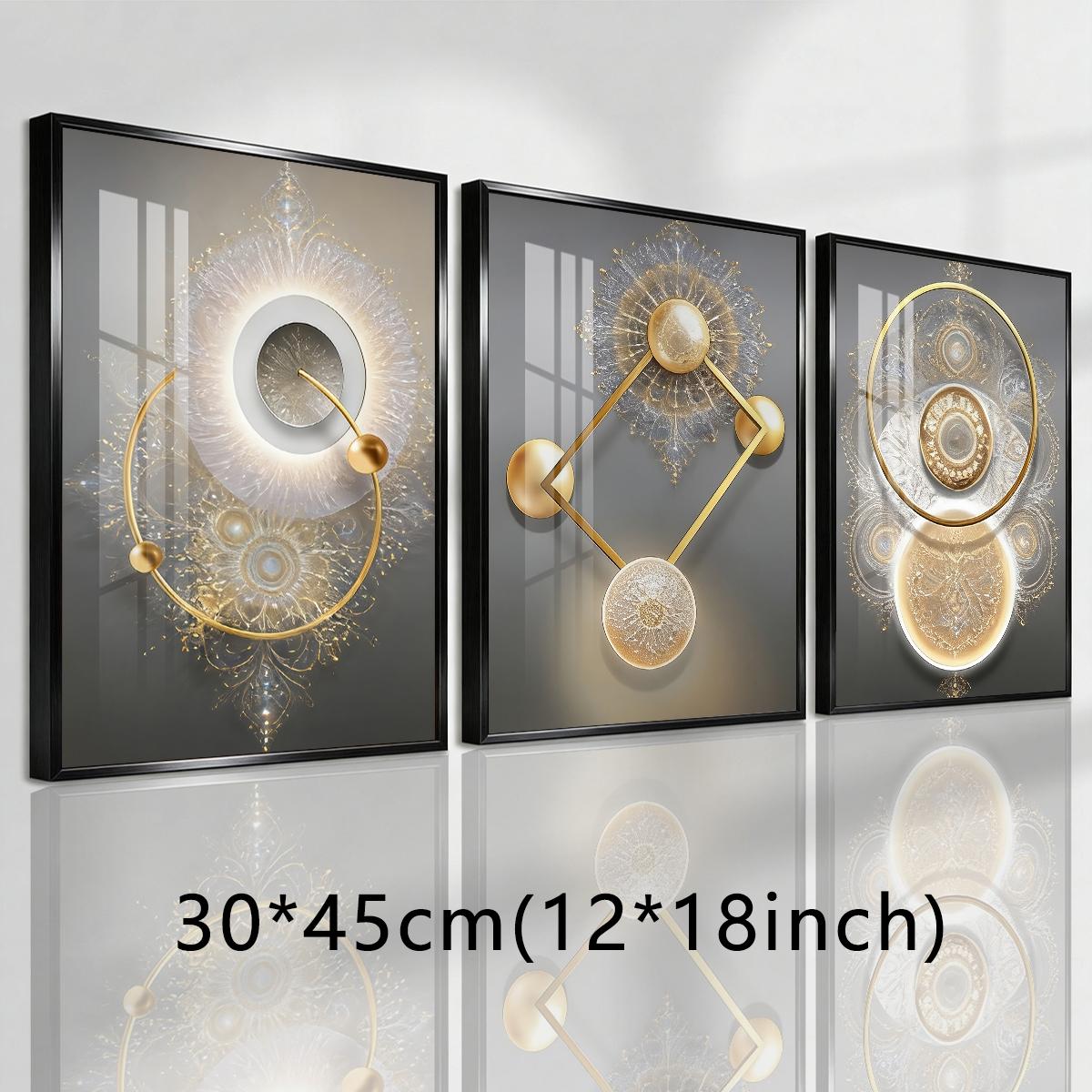 3 Counts Aluminum Alloy Framed Painting, Golden Abstract Geometry Light Art, Home Decoration For Living Room, Bedroom, Office, Restaurant, Hallway Wall Decor, Odorless Print Artwork, Luxury Perfect Gift For Friends And Family