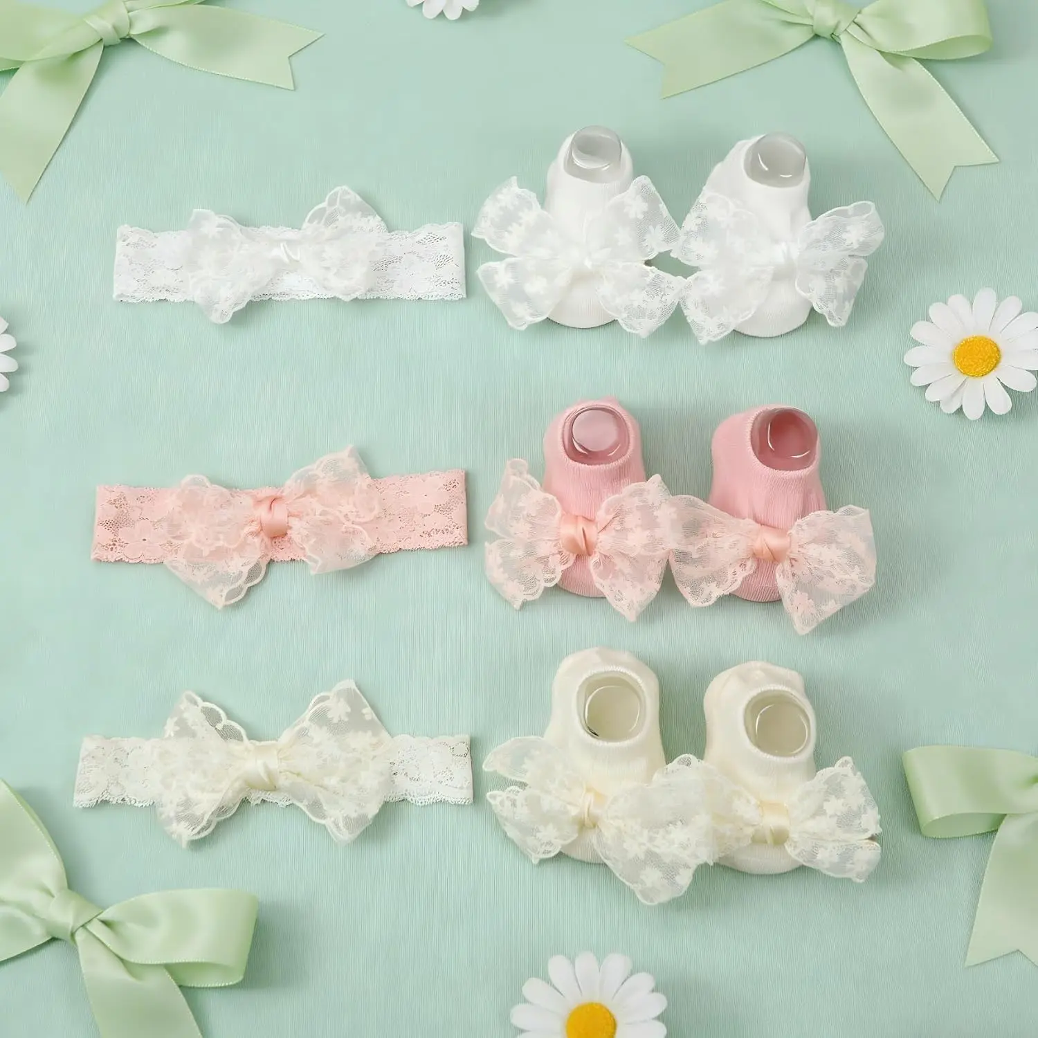 Baby Girls’ 3-Pack Headbands & Socks Set - Lace Bow Accents, Lace Cotton, Prop 65 Safe, Stretch Nylon, Non-Slip Grips Socks for Newborns & Infants (Beige, Pink, White)