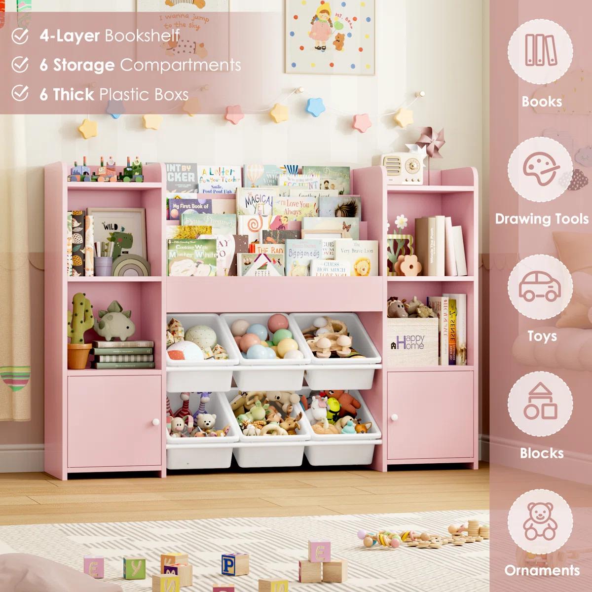 FOTOSOK Toy Storage Organizer with 6 Toy Bins, Toy Organizer Kids Bookshelf with 6 Cubbies, Multifunctional Floor Storage Chest for Playroom