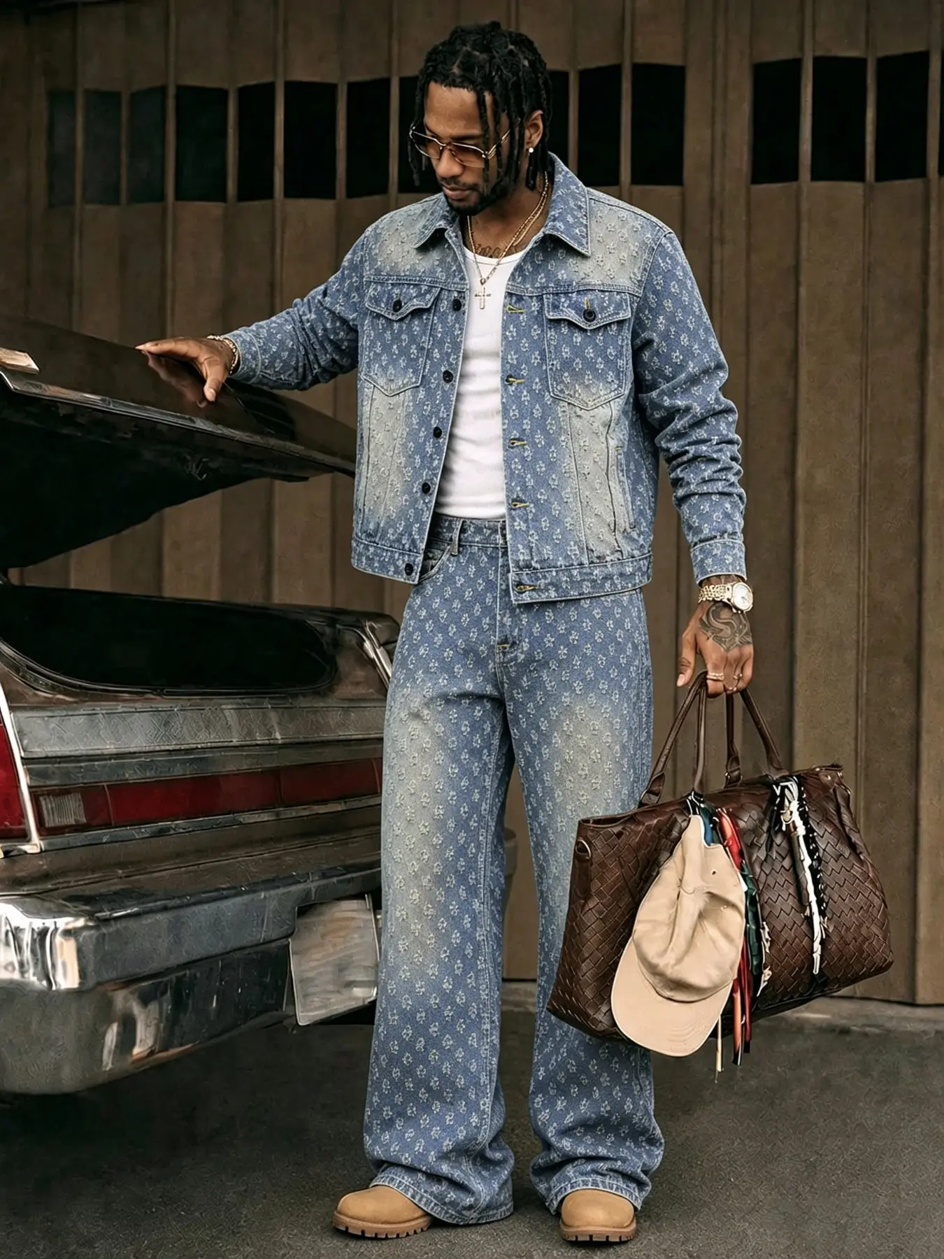 Men's Two-Piece Washed Denim Set, Button-Front Jacket and Jeans, Streetwear Outfit for Fall and Winter