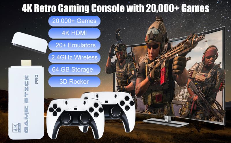 Retro Gaming Console & Gaming Stick with 20,000+ Preloaded Games, 4K Ultra HD & Dual Wireless Controllers — Plug & Play for Family Fun, 64GB Memory
