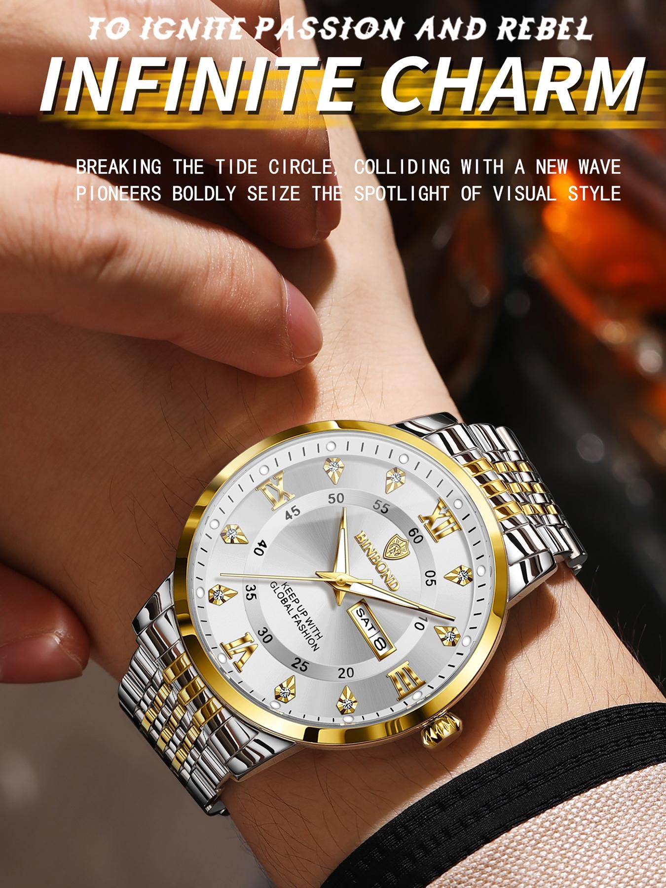 Binbond Waterproof Luminous Men's Watch, Automatic Self-Wind Quartz Wristwatch, Calendar Date Week Display, Trendy Fashion Timepiece Binbond Waterproof Luminous Men's Watch, Automatic Self-Wind Quartz Wristwatch, Calendar Date Week Display, Trendy Fashion Timepiece