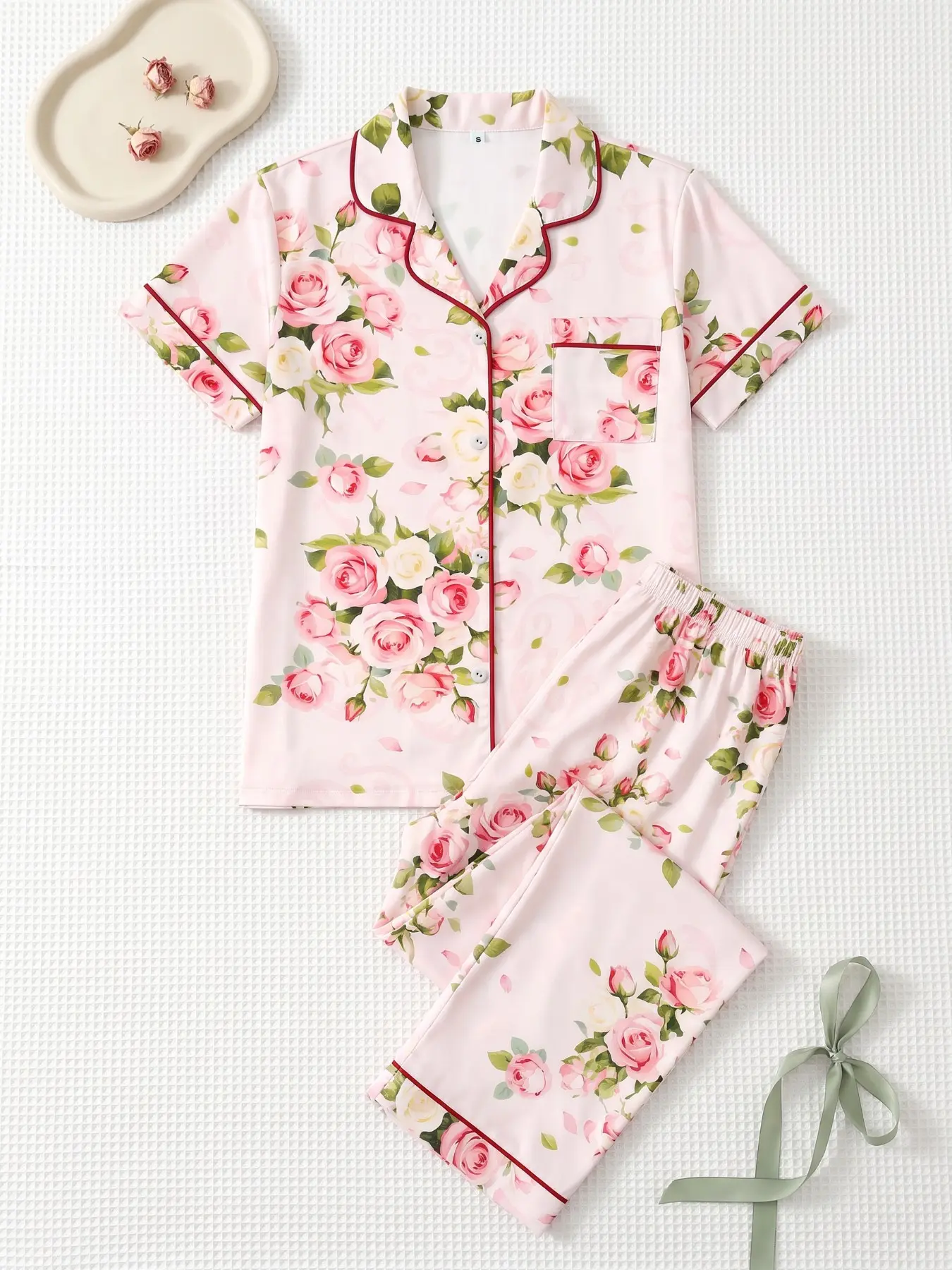 Women's 2-Piece Pajama Set, Short Sleeve Button-Up Shirt and Pants, Floral Print, Casual Home Wear Loungewear, Spring Summer Fall Winter