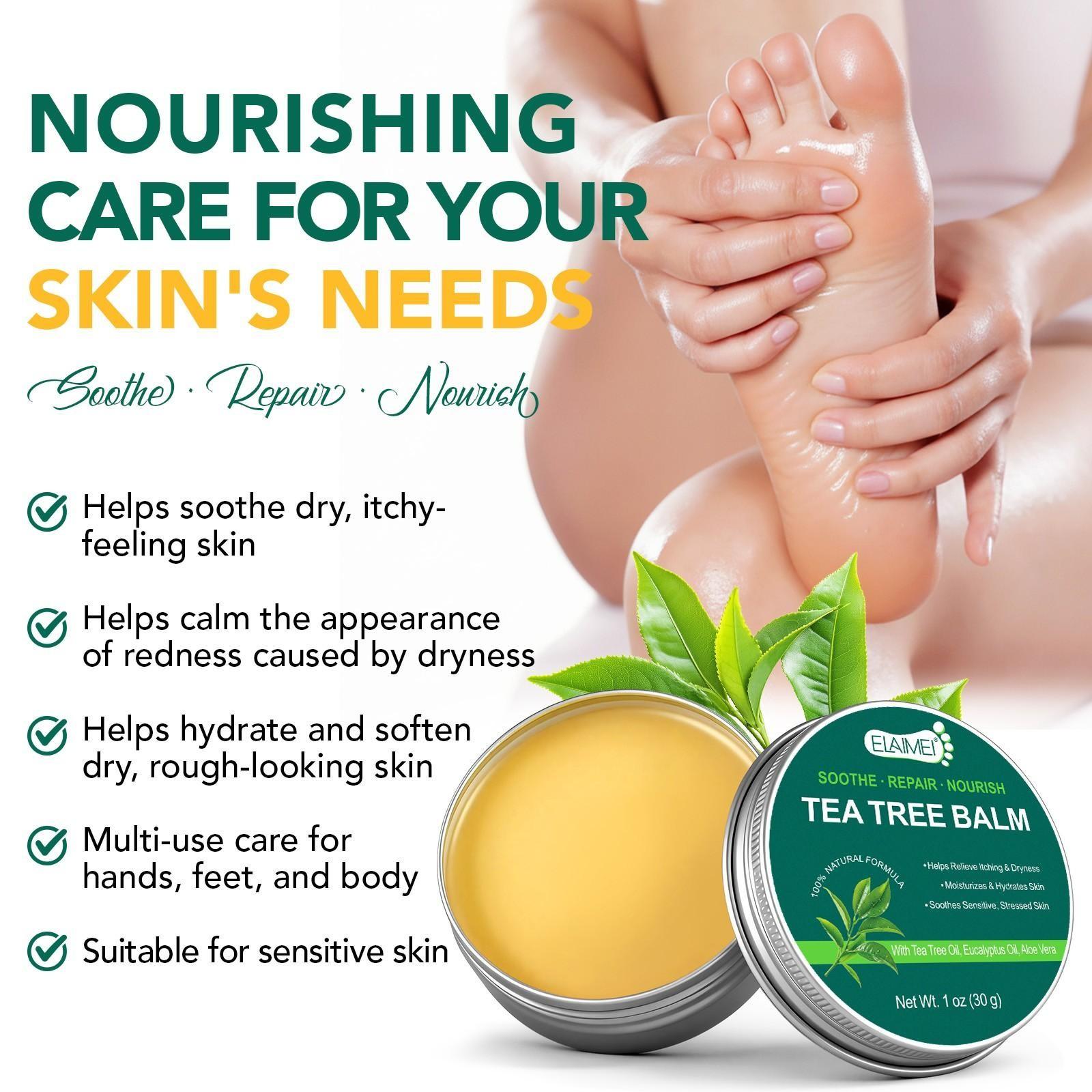ELAIMEI Multi-Purpose Tea Tree Oil Balm, suitable for sensitive skin, soothes skin issues caused by dryness, provides rapid relief, moisturizes dry skin, and offers long-lasting hydration