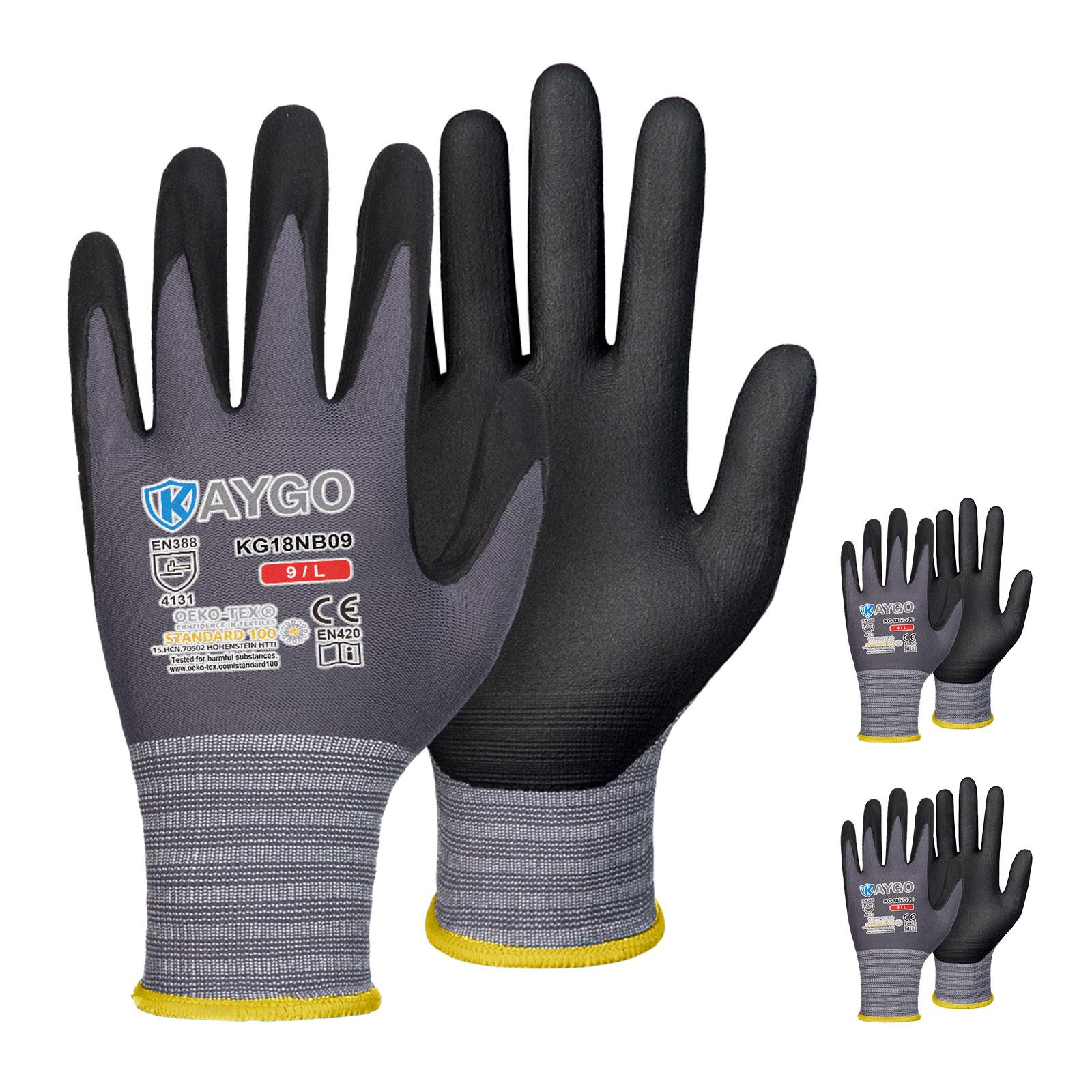 KAYGO Safety Work Gloves MicroFoam Nitrile Coated, KG18NB,Seamless Knit Nylon Glove with Black Micro-Foam Nitrile Grip, Ideal for General Purpose, Automotive, Home Improvement