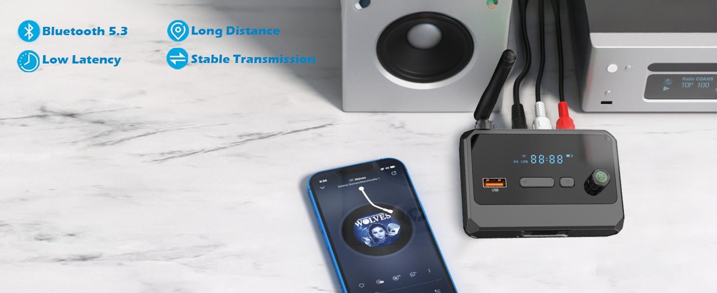 Wireless 5.3 Receiver, Home Stereo Audio Adapter, HD Music Streaming, Supports Fiber Optic and 3.5mm Interface, Speaker Adapter, Modern Audio Technology