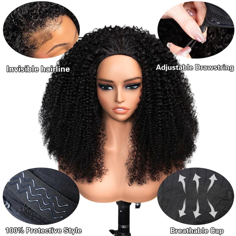 [Glueless Half Wig] QUANDIAN Kinky Curly Half Wig Wear Go Glueless Human Hair Wigs 200% Density Upgrade with Drawstring Cap Invisible Hairline Beginner Friendly