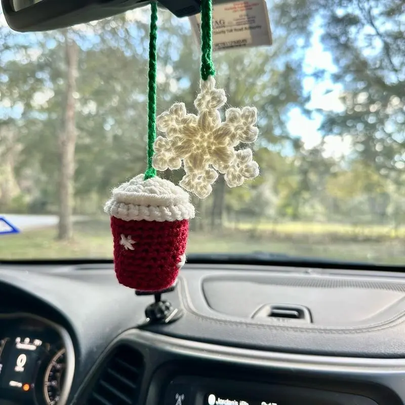 Handmade Crochet Snowflake Coffee Cup Car Pendant, Elegant Rearview Mirror Ornament, Christmas Car Decoration, Gift for Her/him