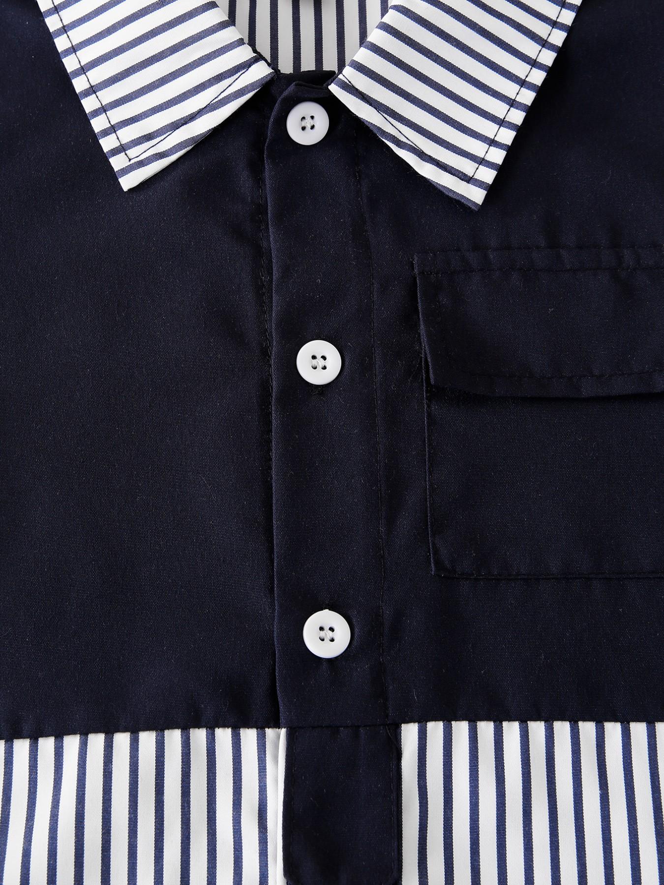 Boys' Summer New Set, Button Front Collar Shirt Short Sleeve Fake Two-Piece Design, Navy and Stripes, Breathable Shorts, 2 Pieces