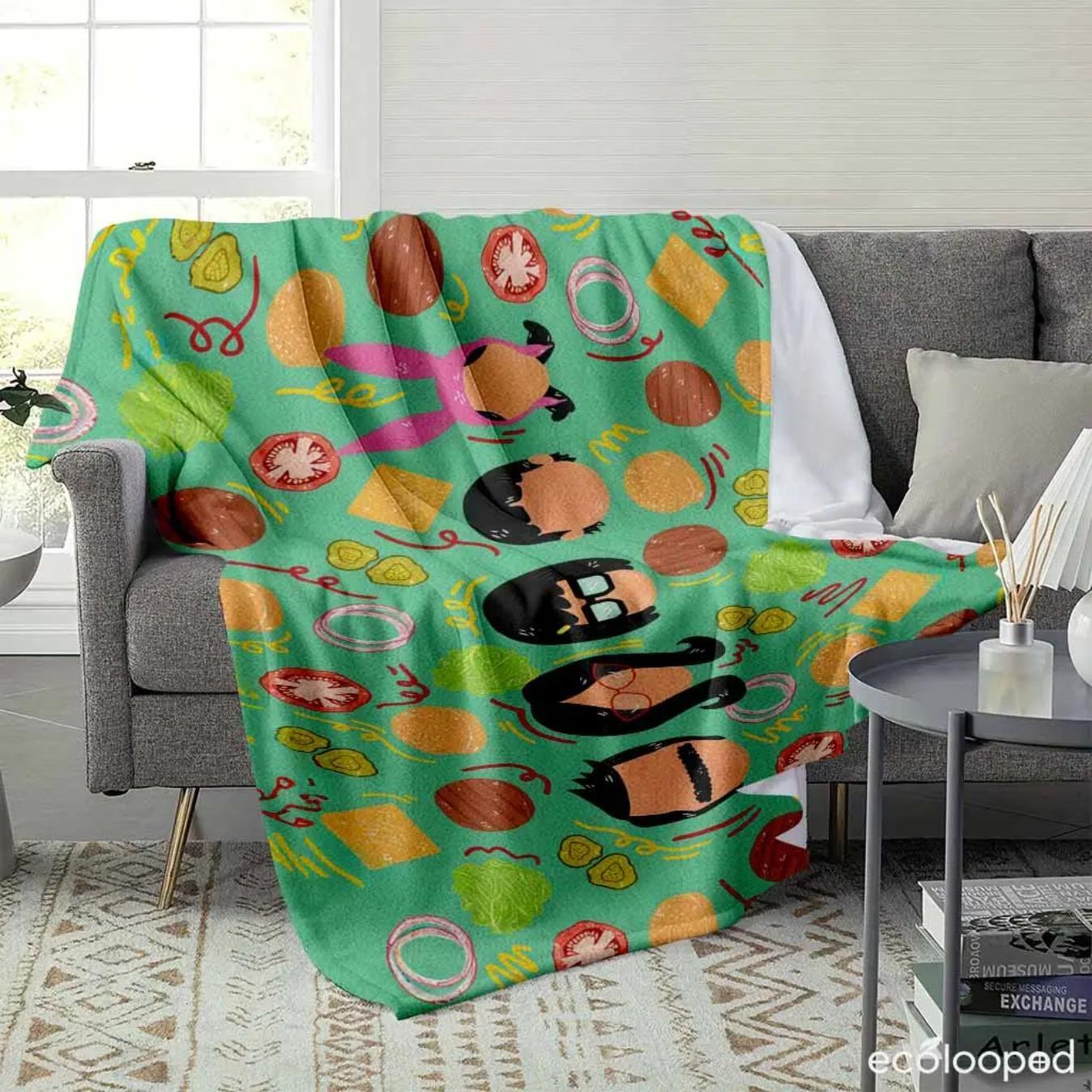 Burger Family Flannel Blanket Cartoon Food Print Soft Warm Lightweight Cozy Throw Blanket for Sofa Bed Couch Travel Camping Cute Home Decor Gift for Food Lovers Kids Birthday Christmas