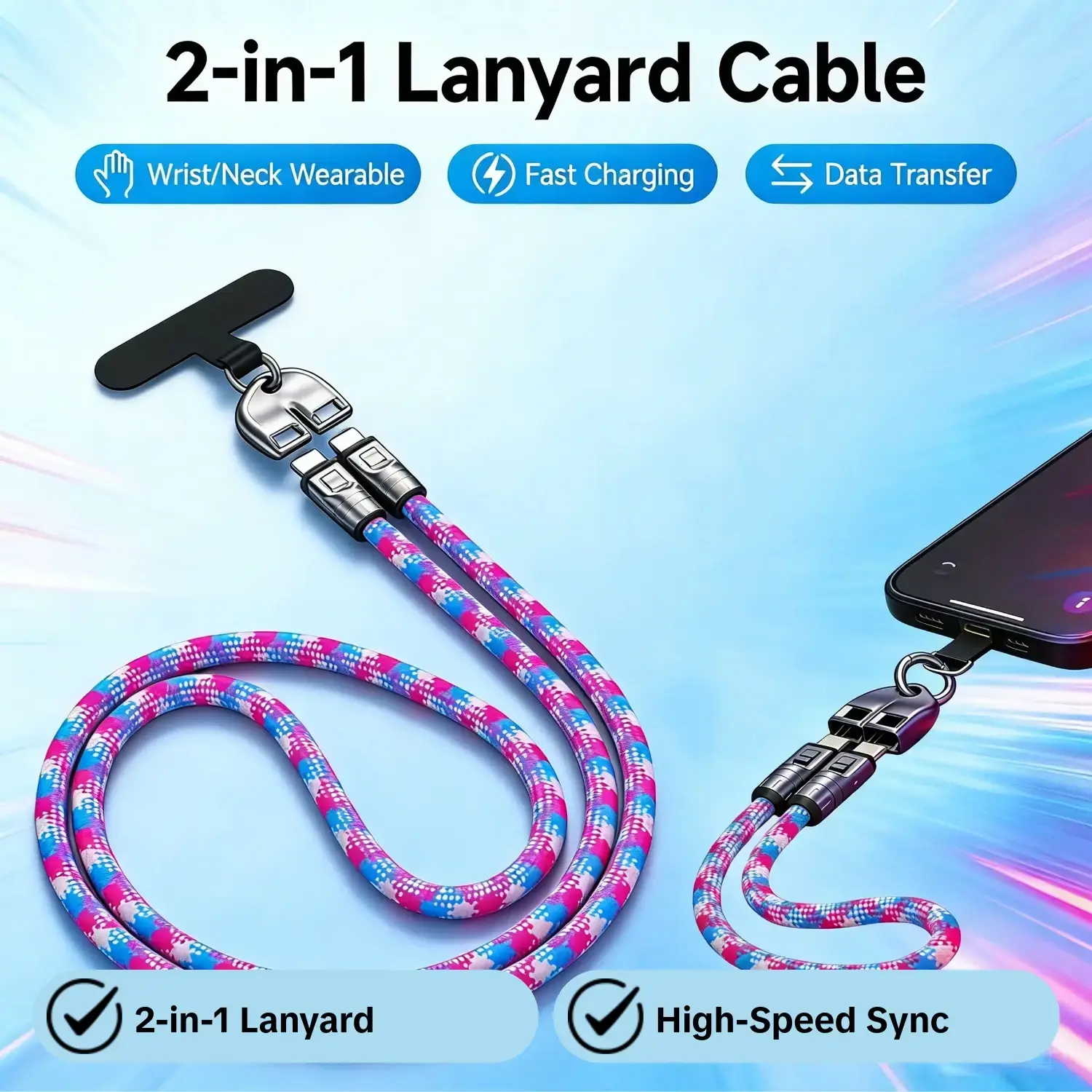 240W Fast Charging Cable 2-in-1 Lanyard Data Transfer Cable Durable Braided Anti-Lost Strap for Smartphone iPhone 15 16, Portable USB C Cord for Travel Commute Outdoor, High-Speed Data Sync Wearable Nylon Braided Charger Digital Portable Cable