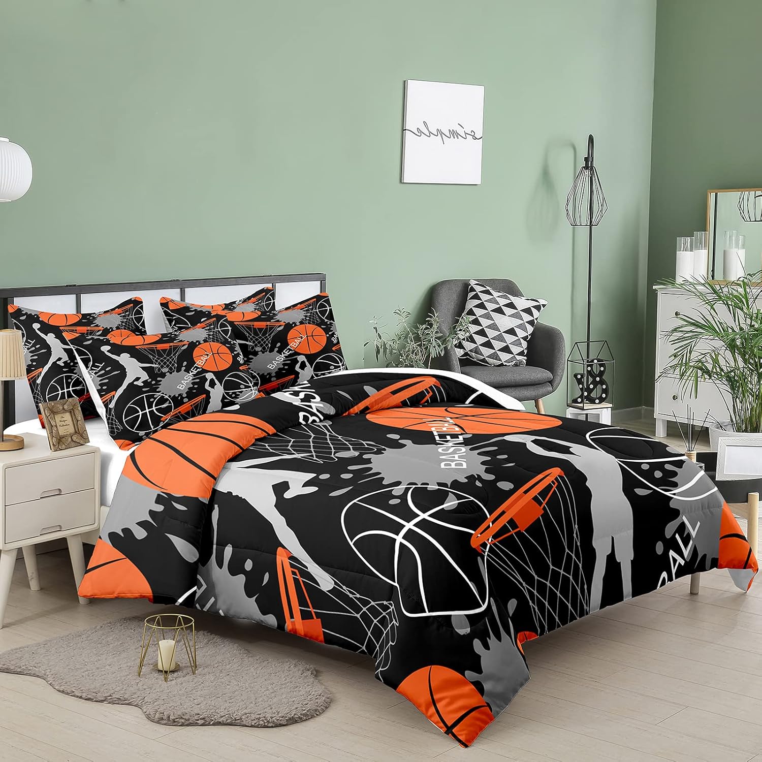 2D Print Basketball Pattern Bedding Set, Soft Bedding Sets, Soft Breathable Polyester Fabric, All-Season Use, Includes 1 Fitted Sheet + 2 Pillowcases