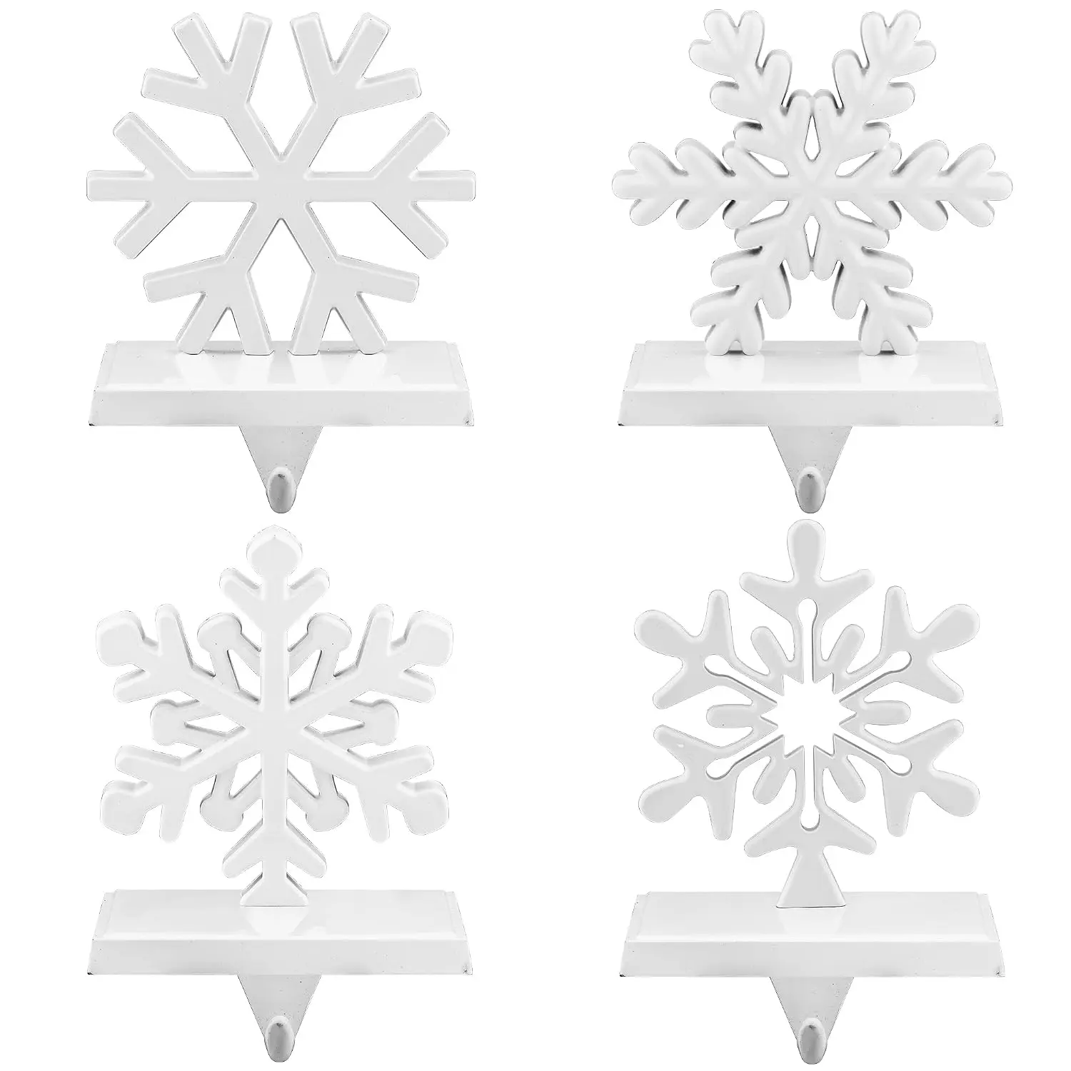 Pack of 4 Christmas Stocking Holders Snowflake Stocking Hangers Mantel Stocking Hooks for Christmas Decoration, White