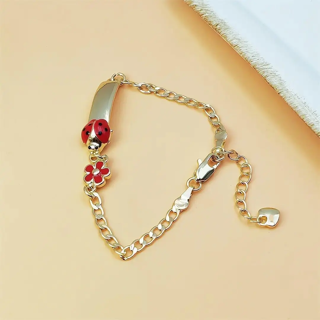 Women's Cute Charm Bracelet with Ladybug & Floral Enamel, Gold-Tone Animal-Insect Themed Jewelry for Daily Wear & Thanksgiving, Casual, Secure & Easy Fit, Lightweight