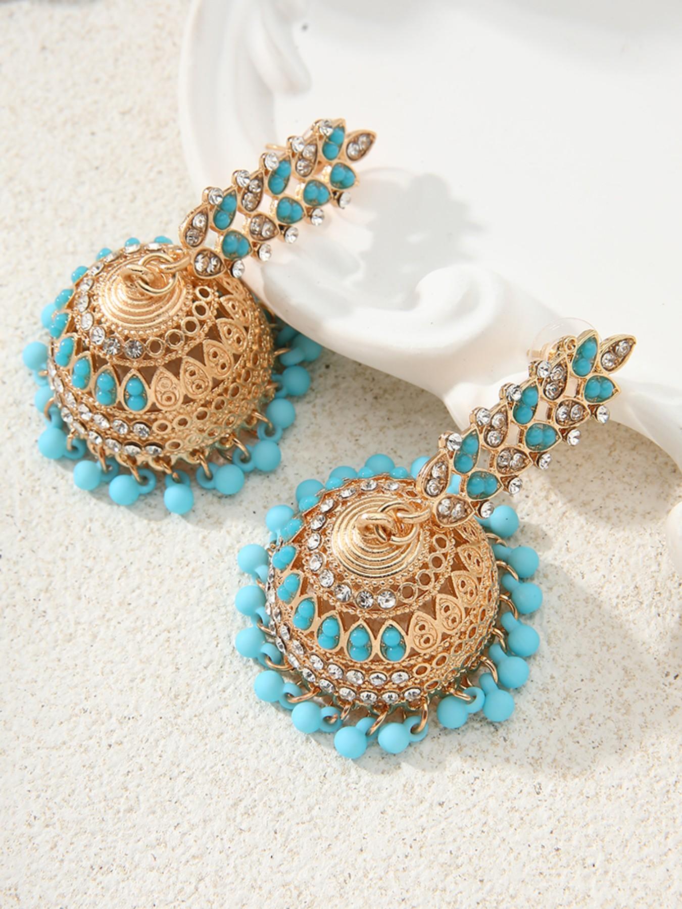 Indian Ethnic Birdcage Bell Jhumka Earrings, Heavy Rhinestone Beaded Long Fringe, Vintage Hollow Out Courtly Ear Jewelry, Bohemian Gift, Vintage Statement Earrings