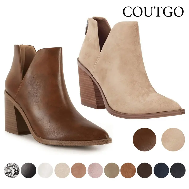 Coutgo Womens Pointed Toe Stacked Mid Heel Ankle Boots V Cut Back Zipper Faux Leather Booties
