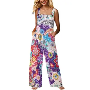 Womens Purple Base Paisley And Colorful Floral Print Spaghetti Strap Wide Leg Jumpsuit With Side Pockets Soft Lightweight Casual Loose Fit Boho Hippie Festival Vacation Overalls
