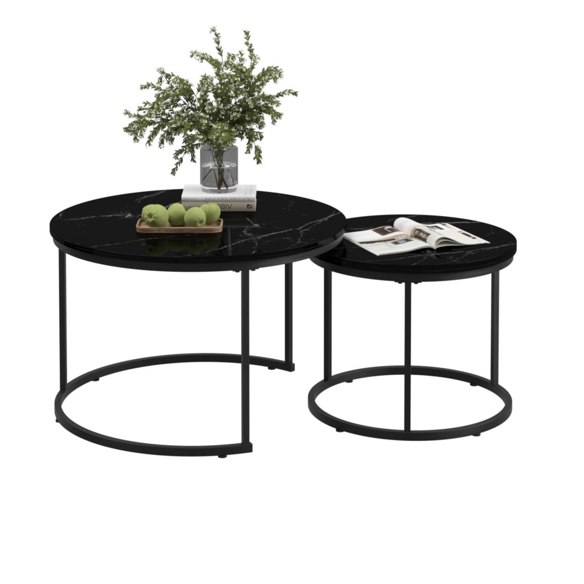 Nesting Coffee Table Set of 2, 27.6inch Round Coffee Table Wood Marble Pattern Top with Sturdy Metal Frame, End Table Side Tables for Living Room Bedroom Balcony Yard