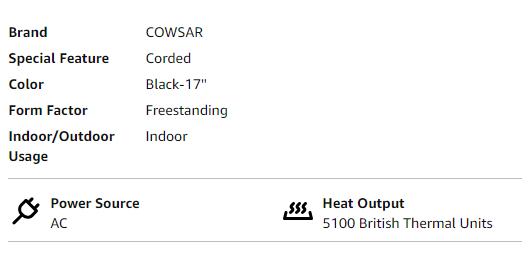 COWSAR Electric Fireplaces, 1500W Infrared Electric Stove Heater, Efficient Heating, 3D Realistic Flame, Remote Control, 8H Timer, Freestanding Stove for Living Room Bedroom Indoor Use, 5100 BTU