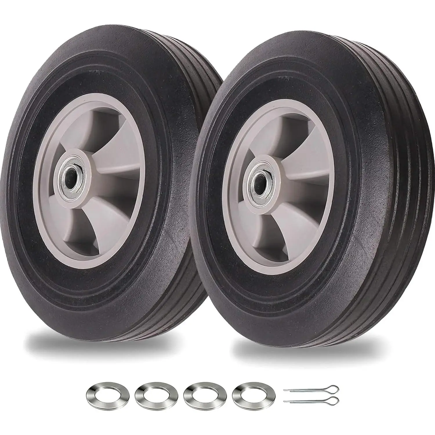 (2-Pack)  10" x 2.5" Flat Free Tires and Wheel - 10 inch Wheels with 5/8" Axles and 2.25 Offset Hub - Wheels for Hand Trucks Dolly and Wheelbarrows
