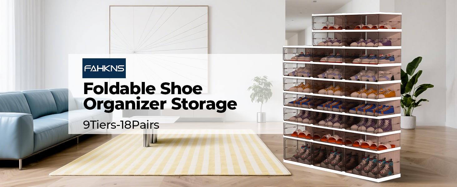 9 Tier 18 Pairs Foldable Shoe Rack with Wheels, Portable Plastic Shoe Storage Cabinet with Clear Magnetic Doors Space Saving No Assembly for Entryway, Living Room, Closet