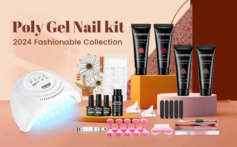 Jewhiteny Poly Nail Gel Extension Kit 15ML with UV Light for DIY Home Manicure Long Lasting & Easy to Use Nail Art Tools