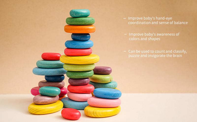 OESSUF 16pcs Extra-Large Wooden Sorting Stacking Rocks - Safe Montessori Toys for 1-3 Year Old, Waldorf Wooden Blocks for Toddlers 1-3, Smooth Stacking Stones for Toddlers, for Kids New Year Gifts