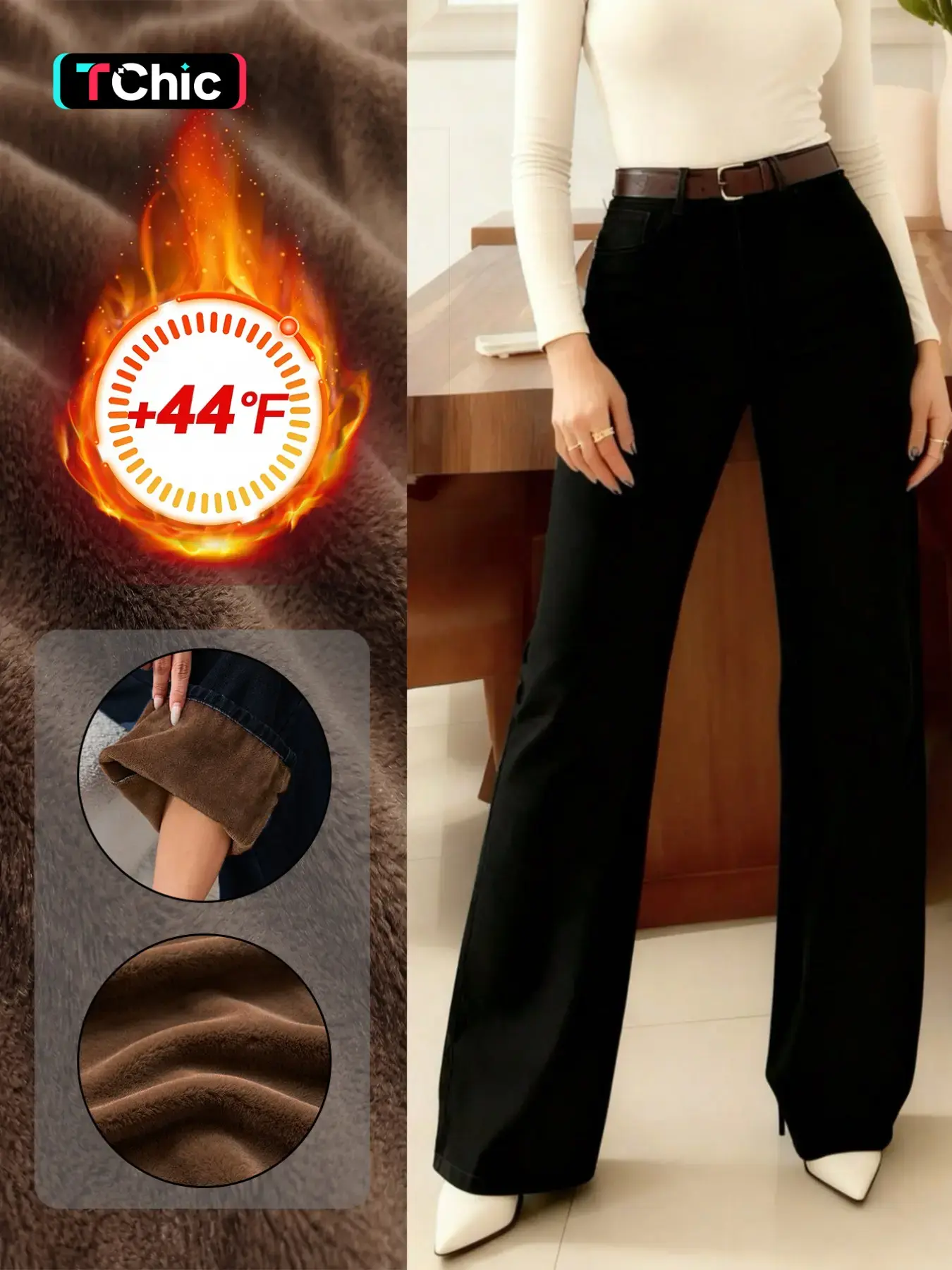 Women's Trendy Comfortable Fleece Lined Thick Long Pants, Fall Winter Elastic Soft Warm Wide Leg Jeans, Casual Fitted H-Type