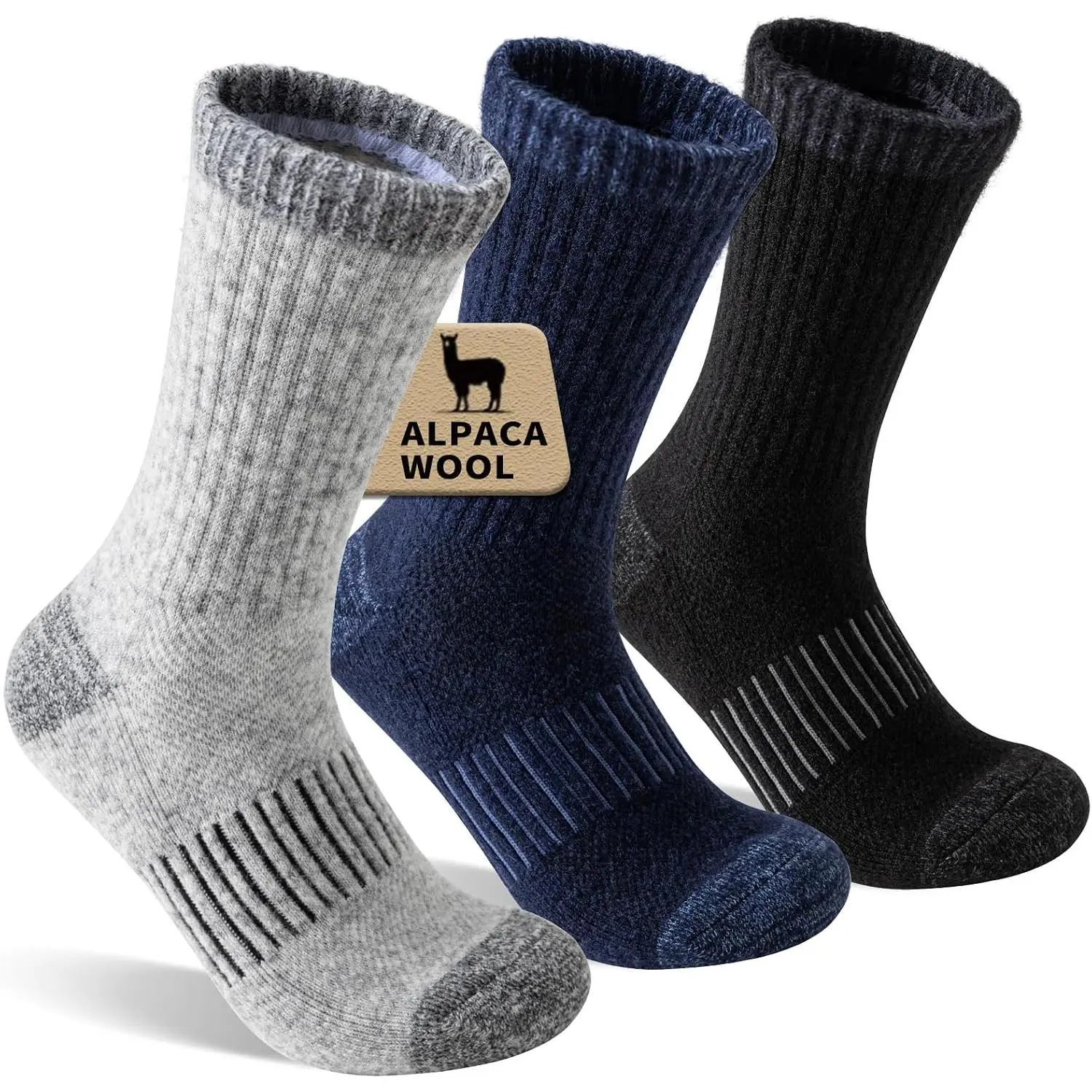Alpaca Wool Running Hiking Socks for Men Women,Boot Work Crew Socks| 3 Pairs, Moisture Wicking, Compressive Arch Support, Reinforced Cushion, Secure Fit, Thermal Winter Warm Merino Socks