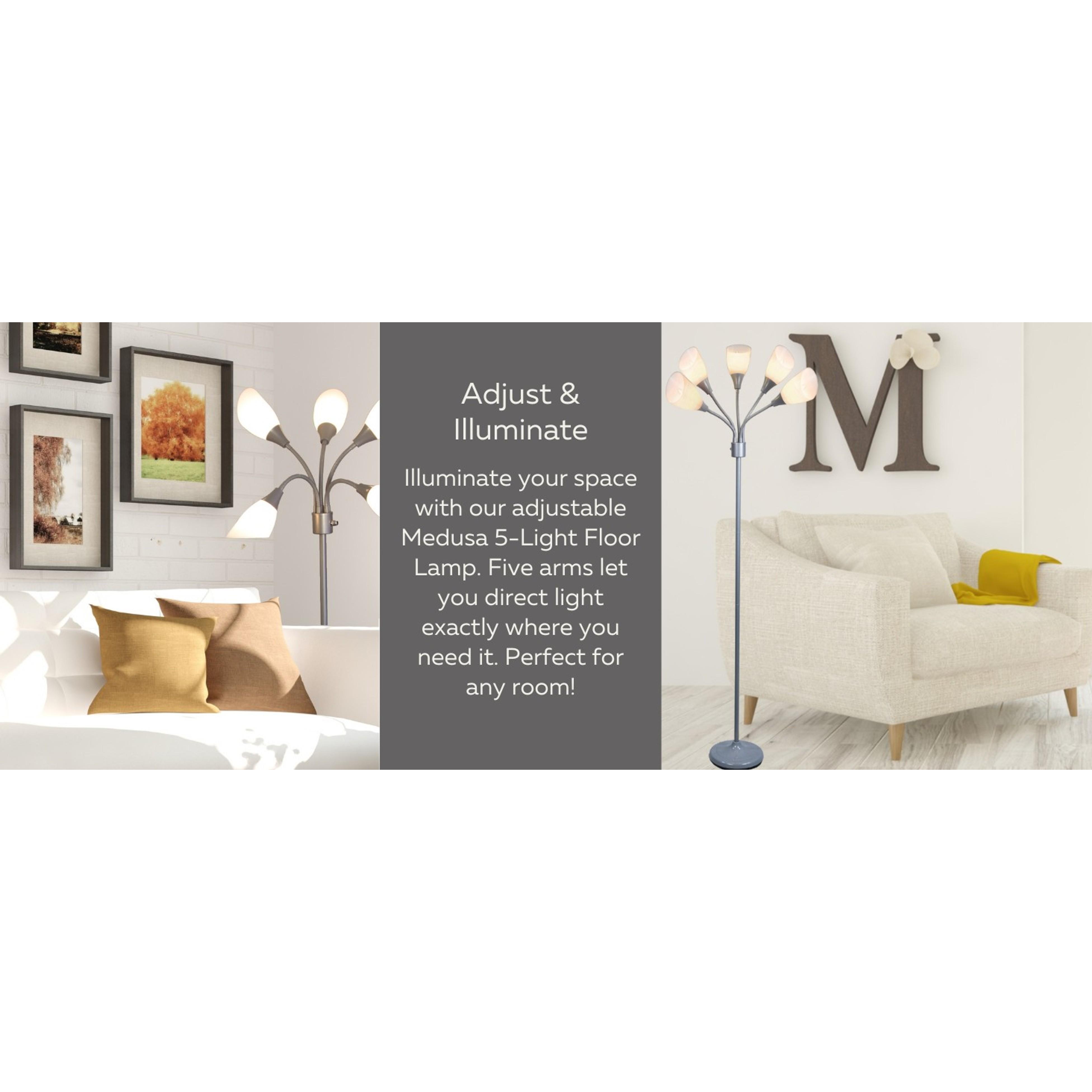 Medusa 5-Light Floor Lamp – Silver Multi-Head Standing Lamp w/ 5 Adjustable White Acrylic Shades for Bedroom, Living Room, Office, Requires E12 Candelabra-Base LED Bulbs Medusa 5-Light Floor Lamp – Silver Multi-Head Standing Lamp w/ 5 Adjustable White Acrylic Shades for Bedroom, Living Room, Office, Requires E12 Candelabra-Base LED Bulbs