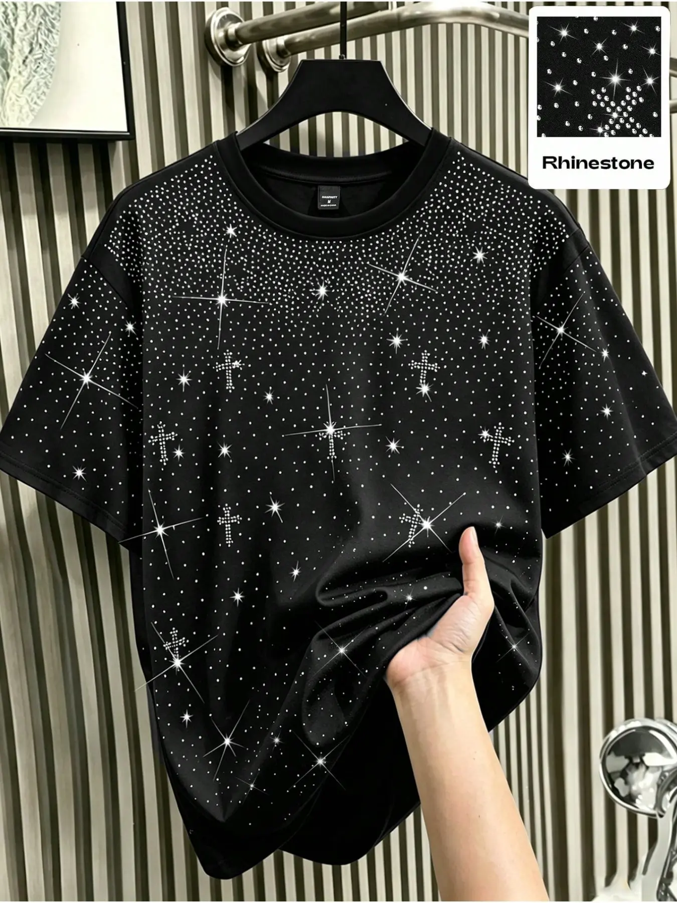 Men's Street Style Round Neck Short Sleeve T-Shirt, Tee with Star Cross Rhinestone Decor, Comfortable Breathable Flash Print Top