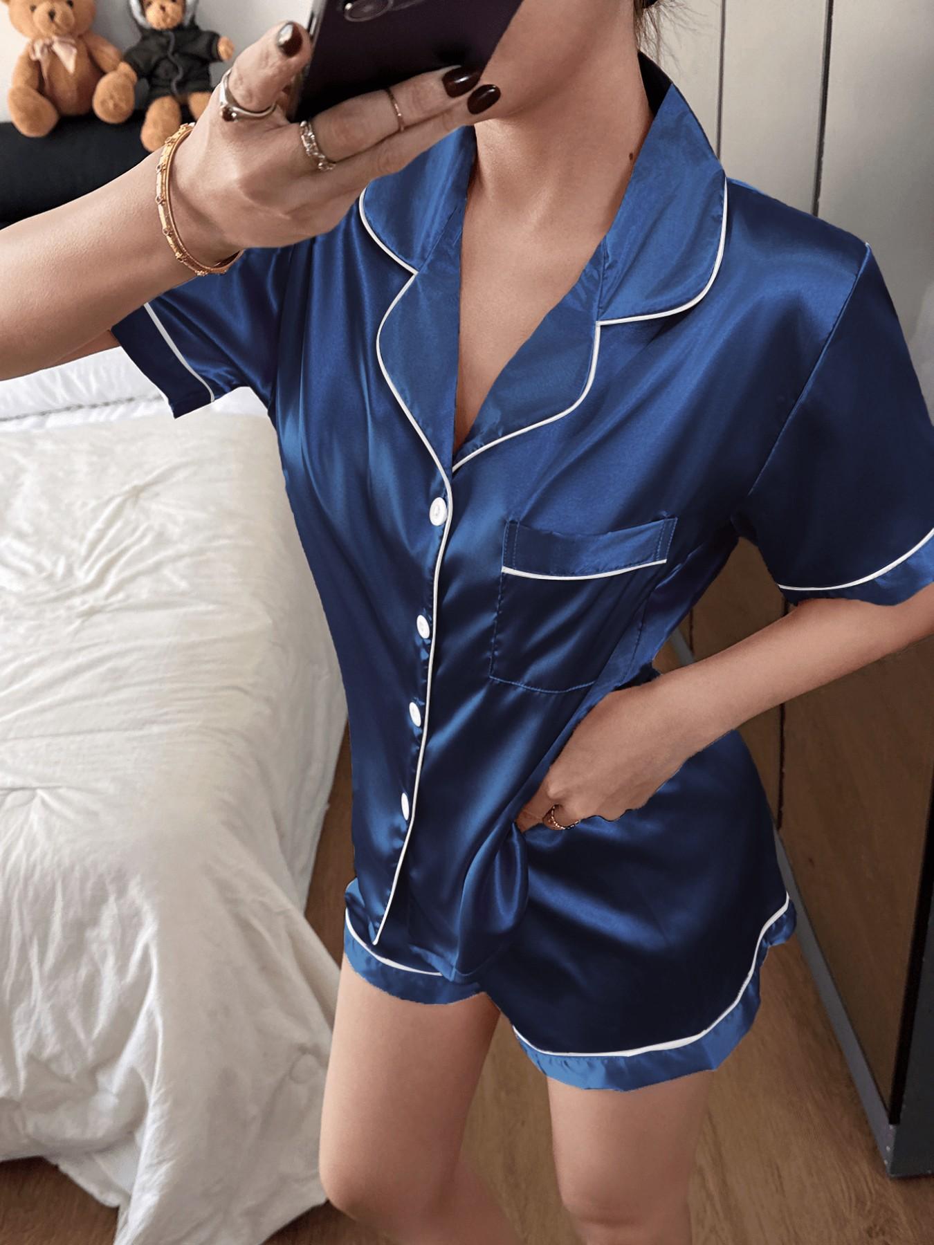 Women's Silk Sleepwear Set, Short Sleeve Homeewear, Soft Button Front, 2-Piece Satin Pajamas with Shorts, Spring & Fall