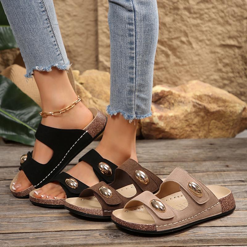 Womens Flat Slide Sandals with 2 Strap Adjustable Buckle Slip on Slides Shoes Non Slip Cork Footbed Sole