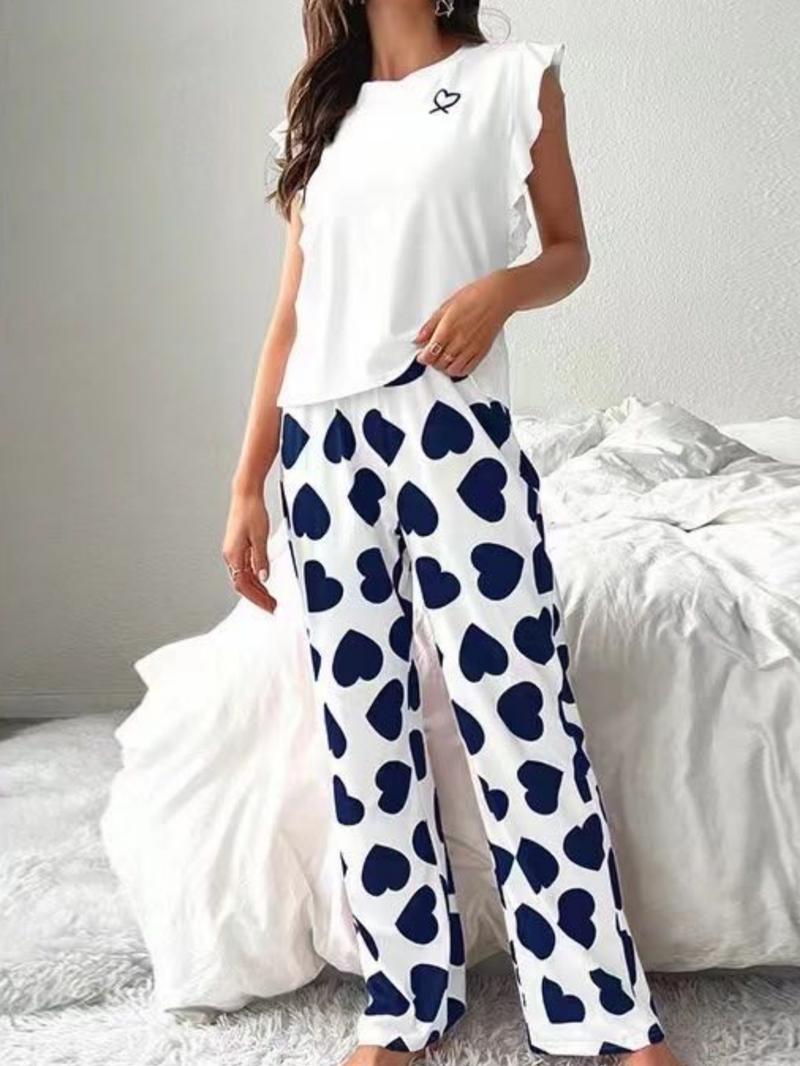 Two-Piece Set Women's Heart Print Round Neck Ruffled Sleeve Tee & Elastic Waist Pants Pajama Set, Regular Fit Casual Comfy Crew Neck Top & Trousers PJ Set, Ladies Summer Sleepwear