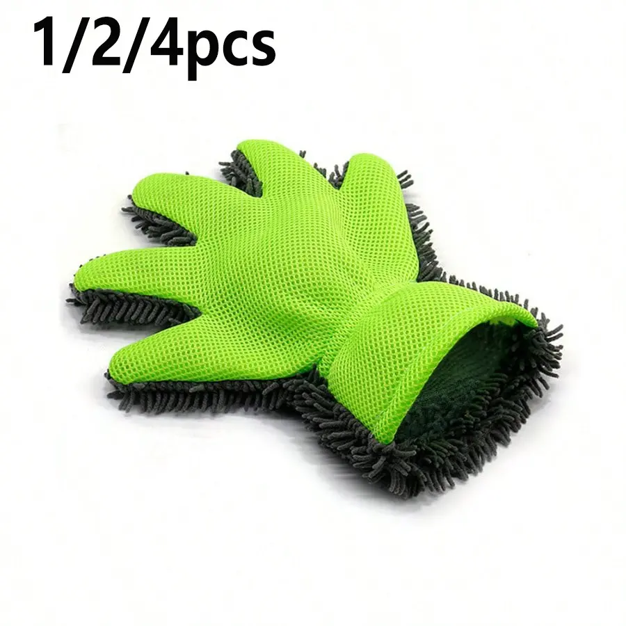1/2/4pcs Chenille Five-Finger Car Wash Gloves, Household Dusting Gloves, Dual-Sided Cleaning, Non-Damaging, Grid Foam, 27.5x26cm